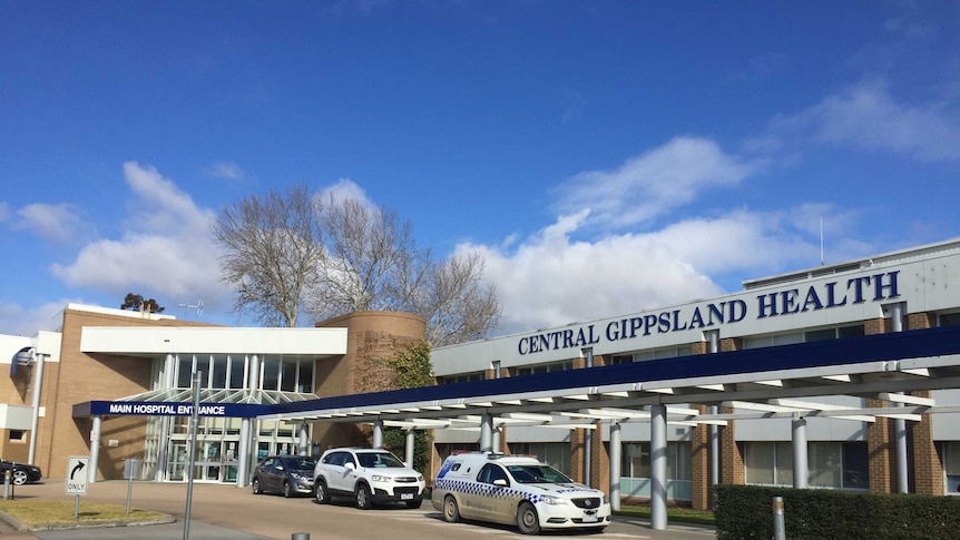 The front of the Sale hospital with a police car out the front.