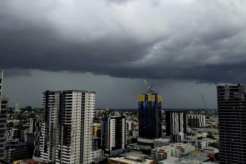 Dark storm clouds over Brisbane's CBD.