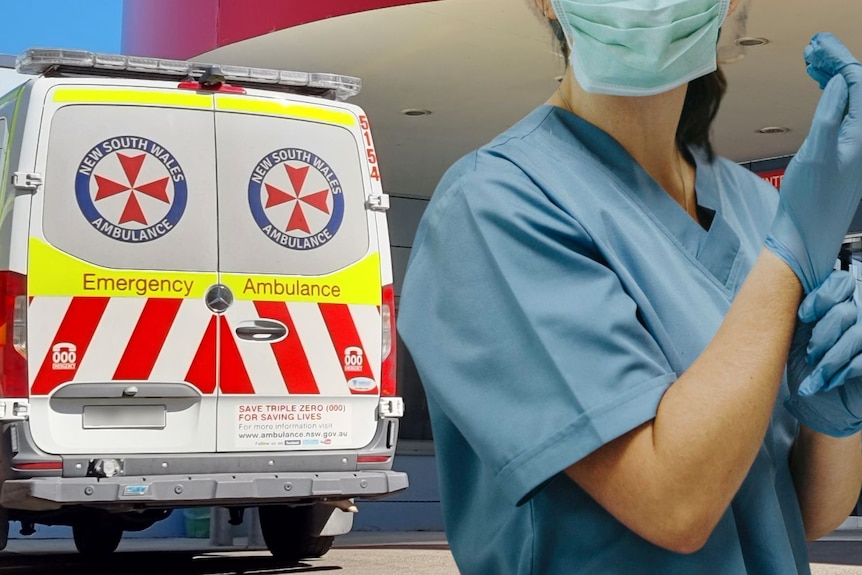 Composite image of a parked ambulance and a nurse pulling gloves on