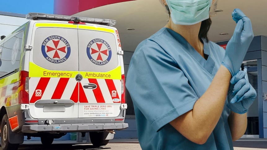 Composite image of a parked ambulance and a nurse pulling gloves on