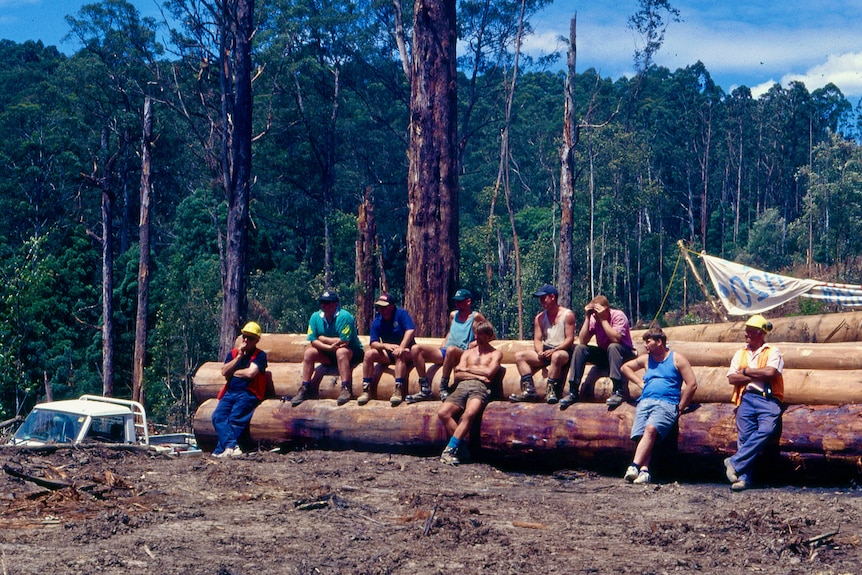 Men rest on logs.