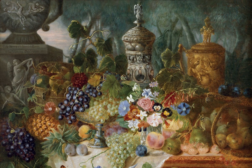 A still life painting depicting fruit and flowers on a table