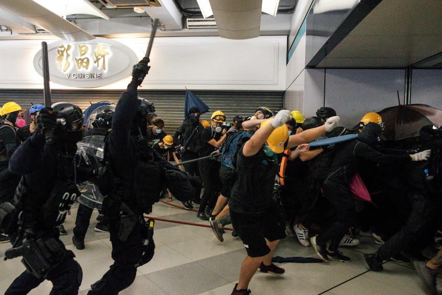 Special Tactical Squad officers attack protesters with batons inside a train station.