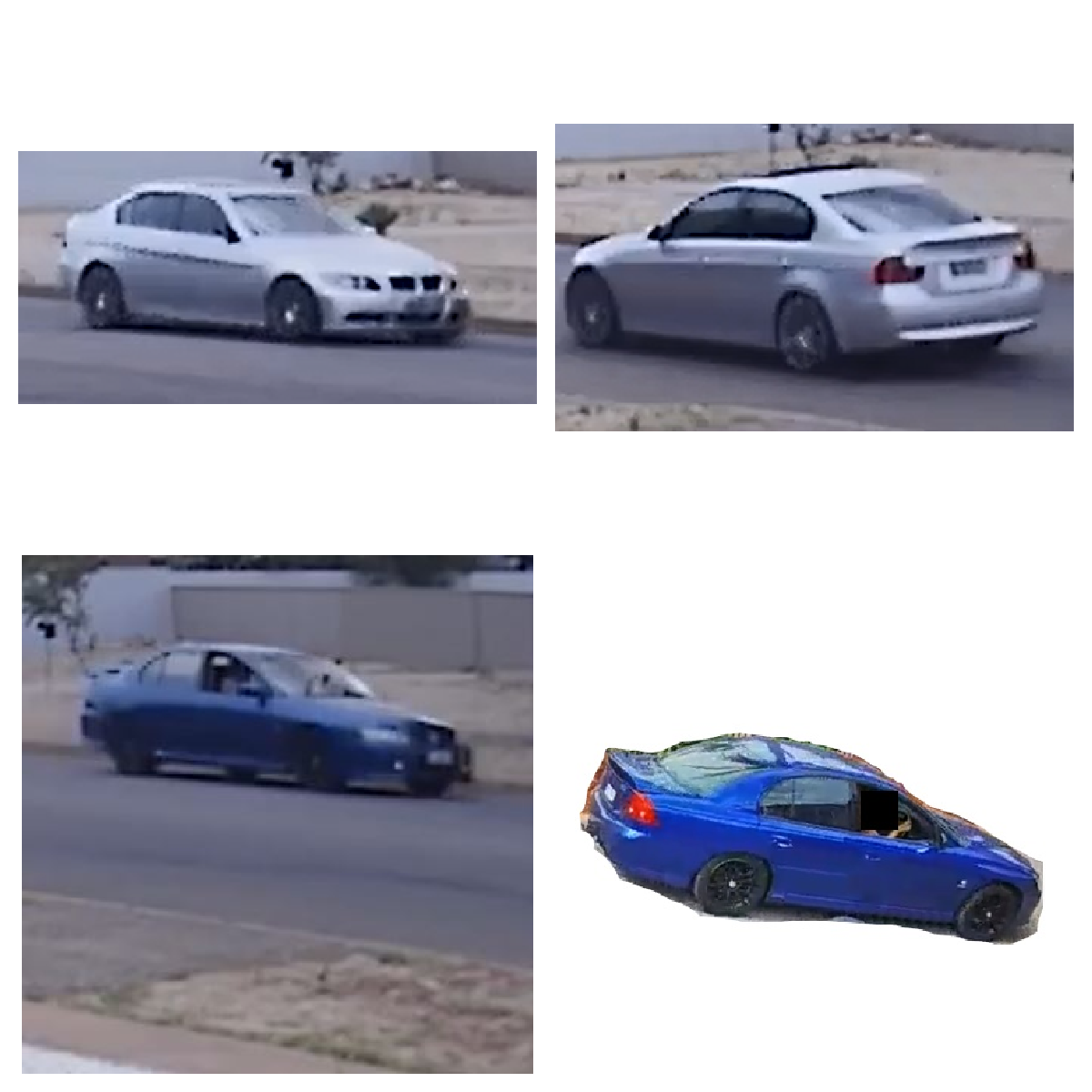 A composite image of a blue and silver car