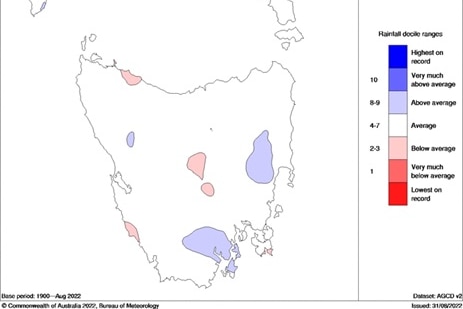 A graphic of Tasmania shows rainfall across Tasmania for a three-month period from June to August.