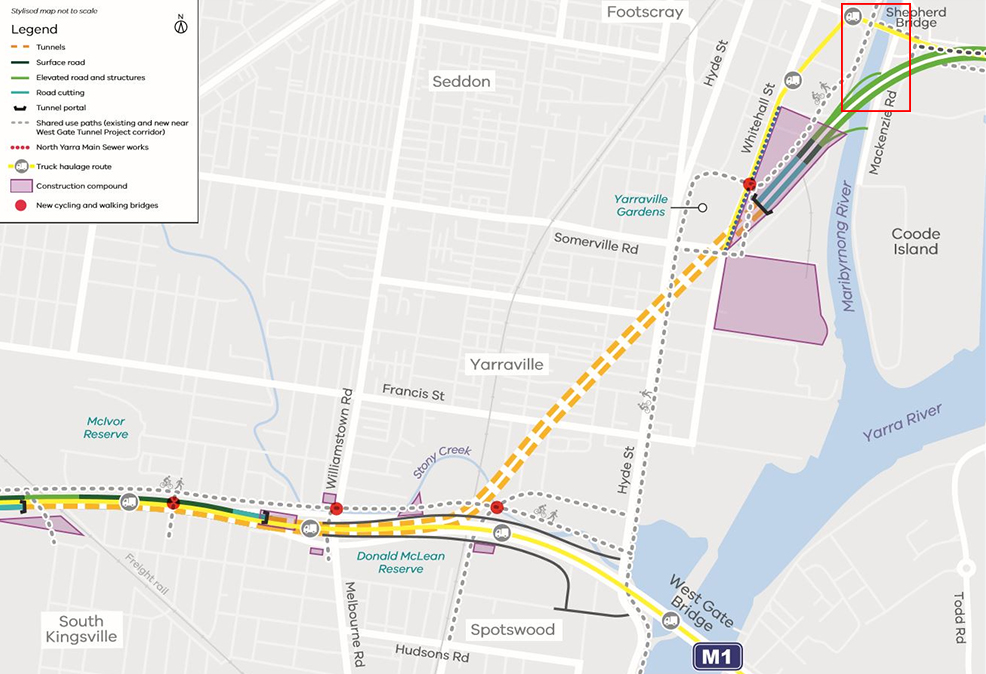 A map showing where the tunnels will pass underneath Yarraville