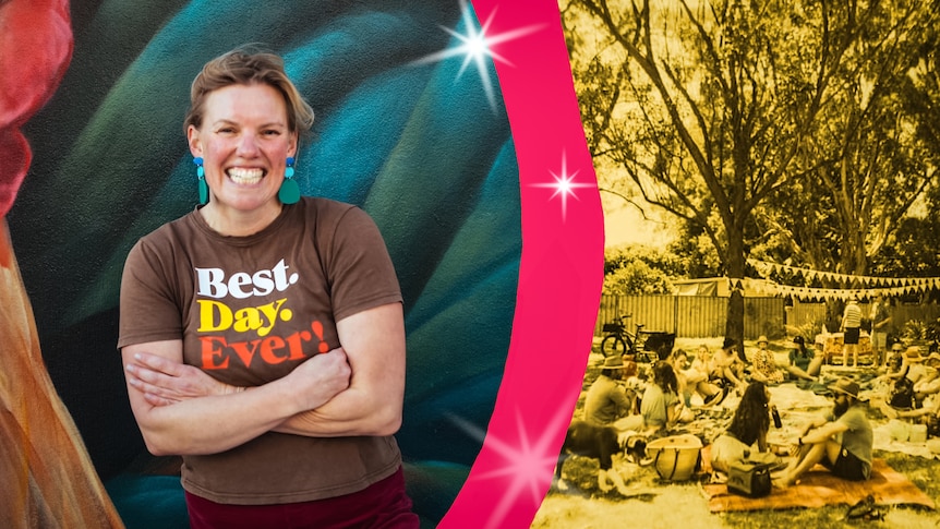 A woman smiles and wears a tshirt saying Best Day Ever at a community event.