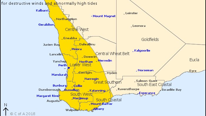 A map of south west WA with an area highlighted in yellow stretching from Kalbarri to Albany.