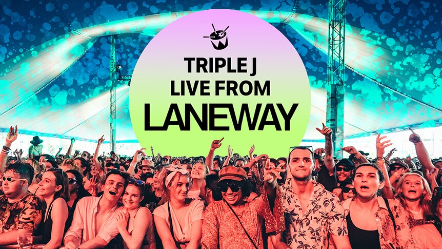 Shot of a festival crowd with the text 'triple j live from Laneway'
