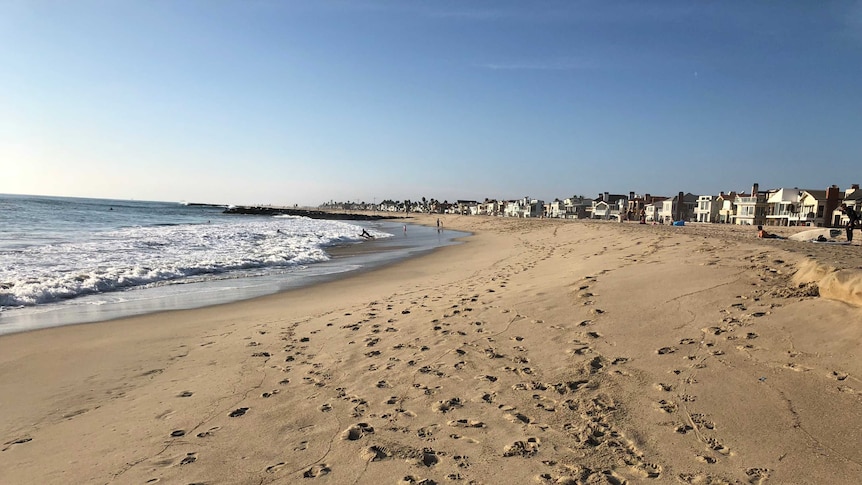 Mansions sit along the beach in Newport Beach, California