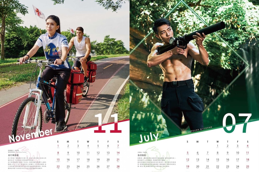 An Australian firefighter rides a bike behind a female Taiwanese firefighter for November of the 2020 joint calendar.