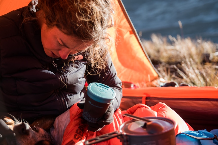 A woman sits in a tent looking down at a cattle dog. 