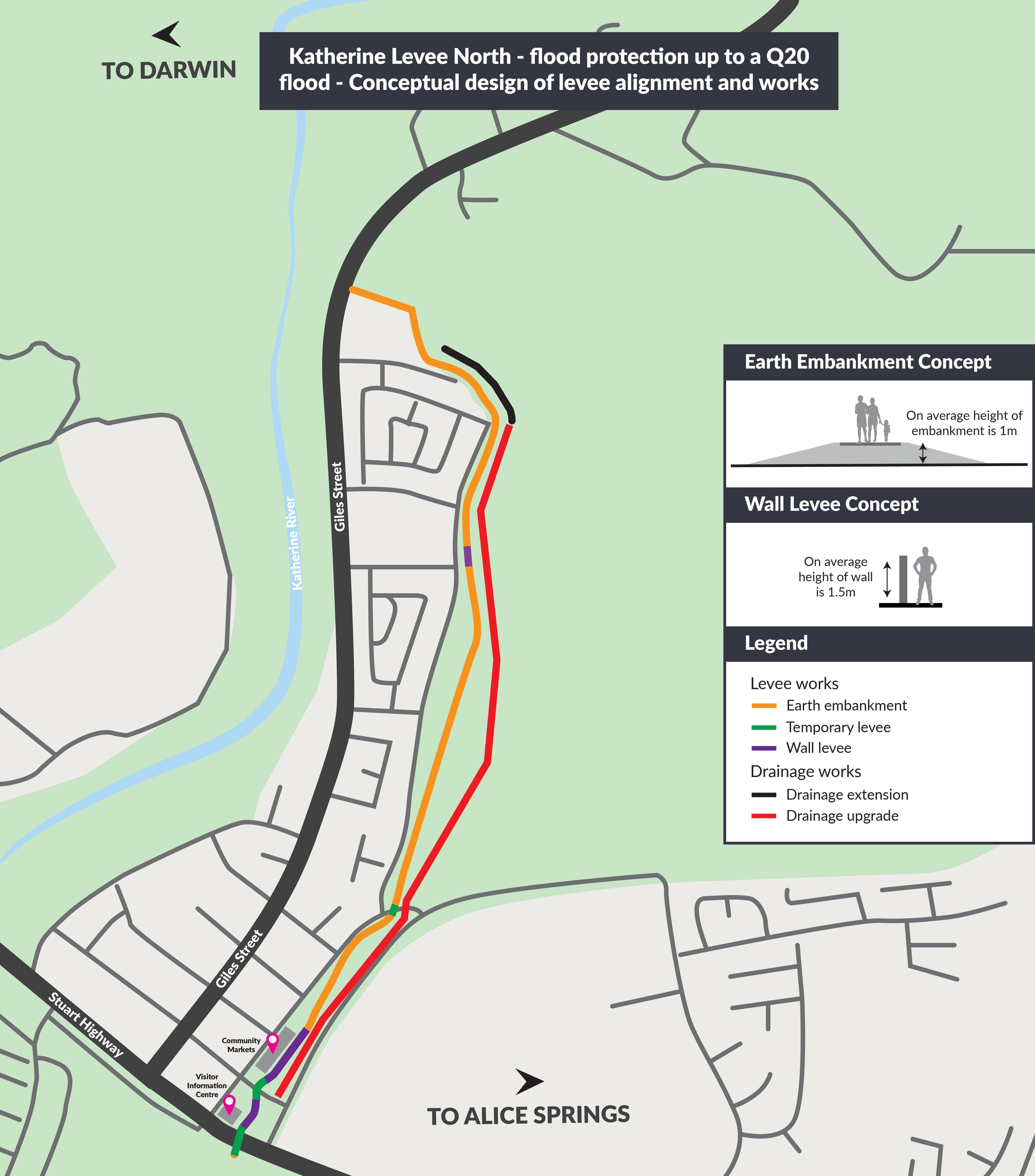 A diagram showing where the Katherine flood levee is being built through the town.