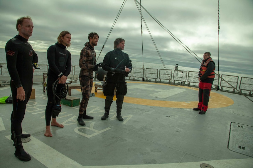 Five men stand on the deck of the Rainbow Warrior.