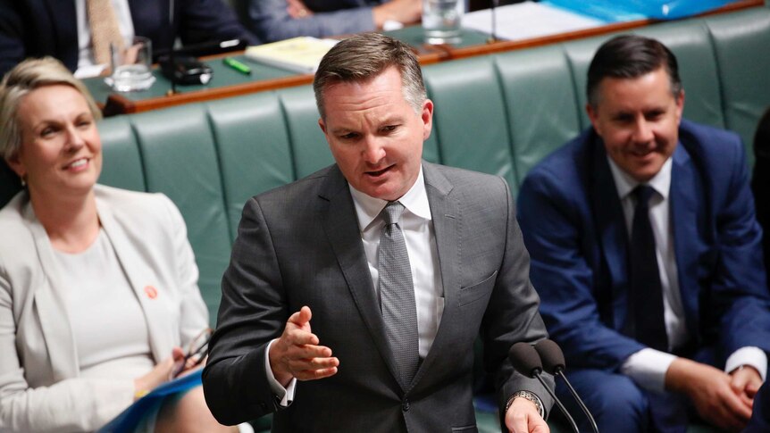 Shadow Treasurer Chris Bowen speaks in Question Time, gestures with his right hand