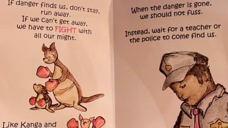 An image of a winnie the pooh storybook talking about run, hide, fight