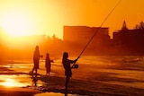 people holding fishing rods and fishing at a beach