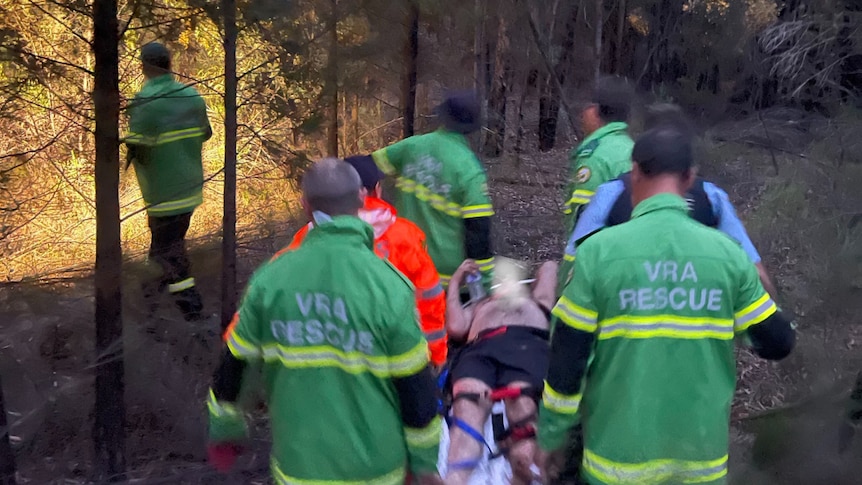 A man with a blurred-out face being carried on stretcher through a forest.