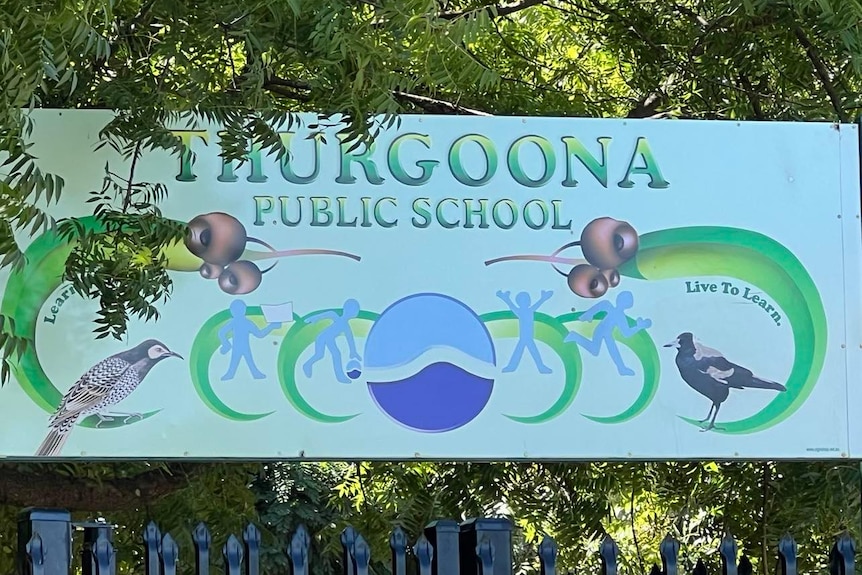 A school sign nestled within some tree greenery