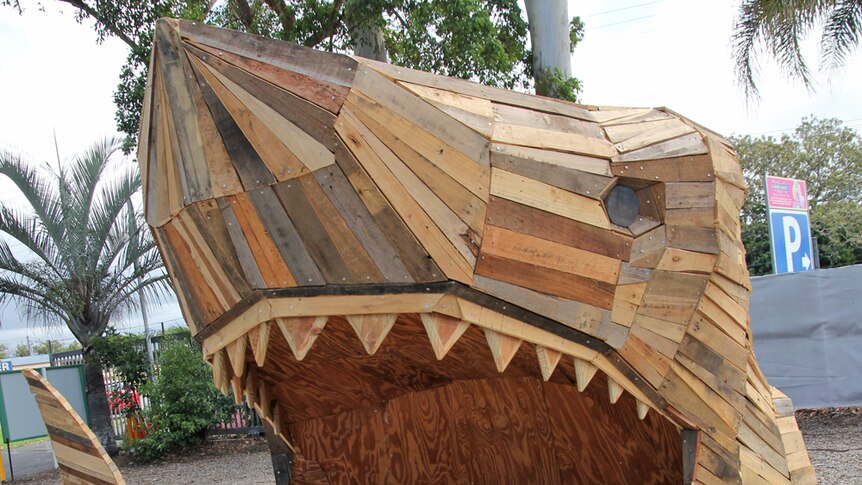 A giant wooden recycled shark at Carrara Markets, Gold Coast