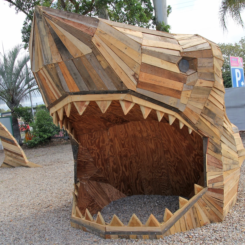 A giant wooden recycled shark at Carrara Markets, Gold Coast