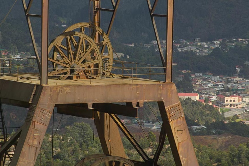 West coast town of Queenstown behind the local mine's headframe.