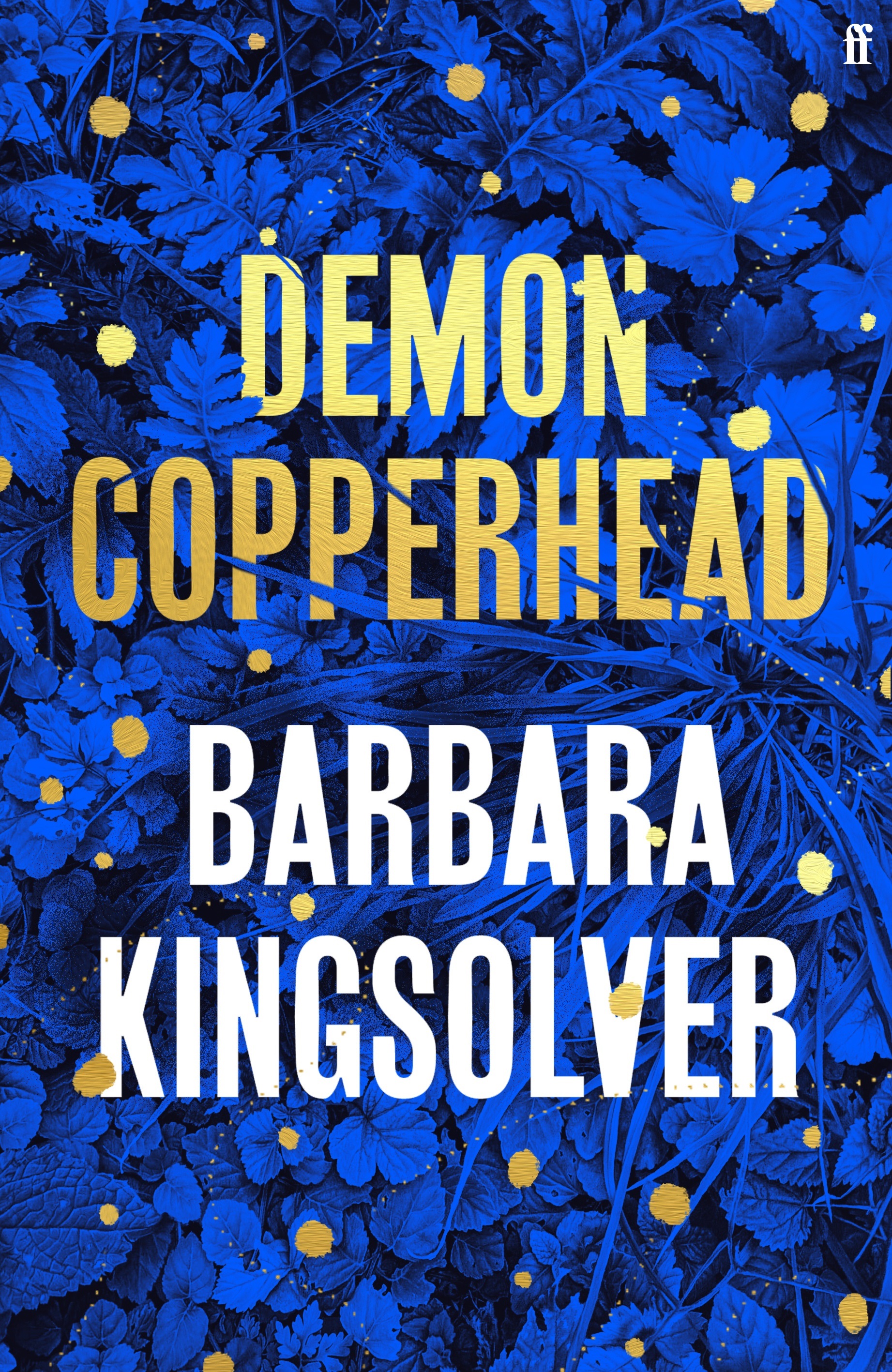 A book cover with text reading Demon Copperhead by Barbara Kingsolver on a blue-lit background of foliage