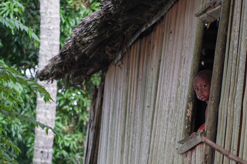 A child looks out a window. 