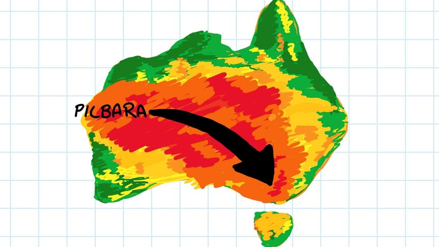 A drawing Australia showing a heatwave in the Pilbara heading south east into Victoria.
