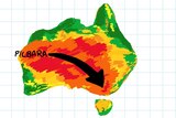 A drawing Australia showing a heatwave in the Pilbara heading south east into Victoria.