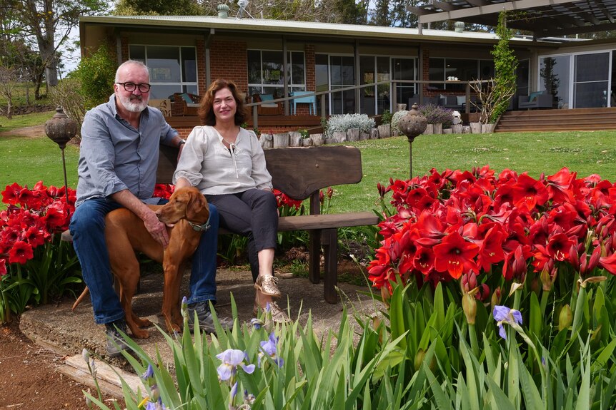 A man and woman sit on a bench in their backyard, with their dog, surrounded by red flowers.