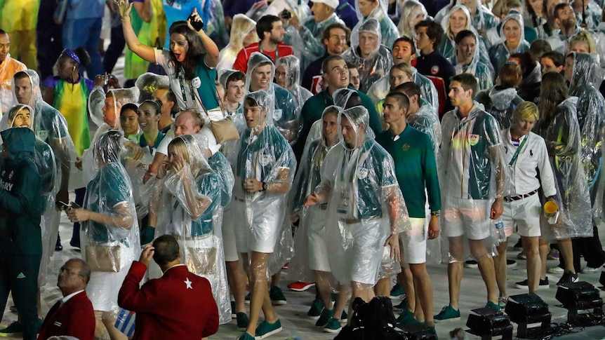 The Australian team marches in during the Olympics closing ceremony.