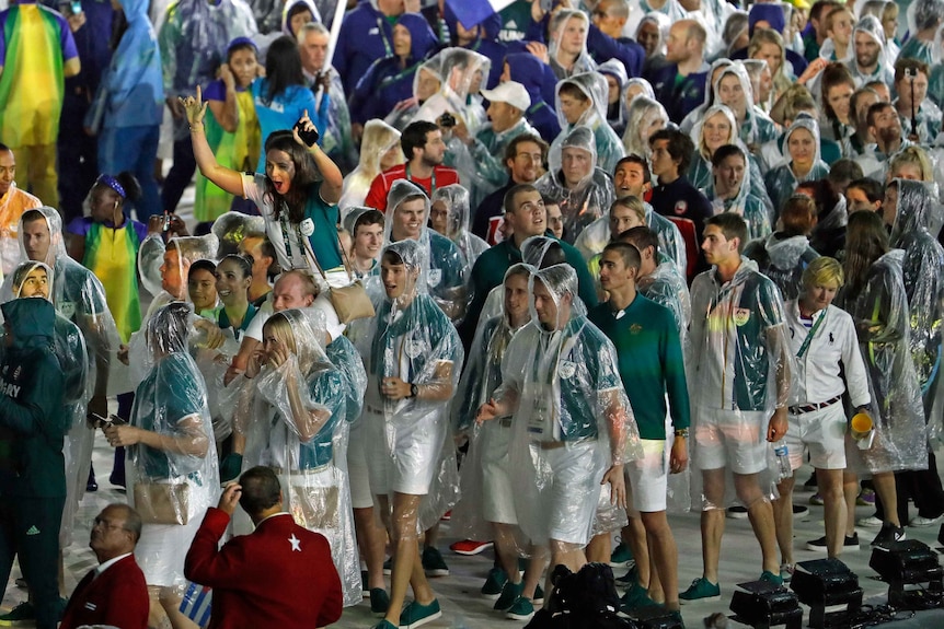 The Australian team marches in during the Olympics closing ceremony on August 22, 2016.