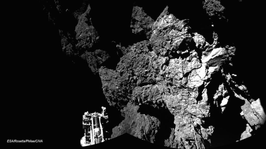 The Philae lander on the surface of the 67P/Churyumov-Gerasimenko comet.