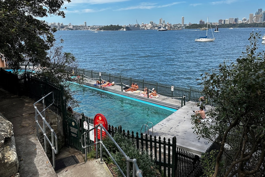 A public pool, sitting next to a large harbour, with a city skyline in the background on a sunny day.