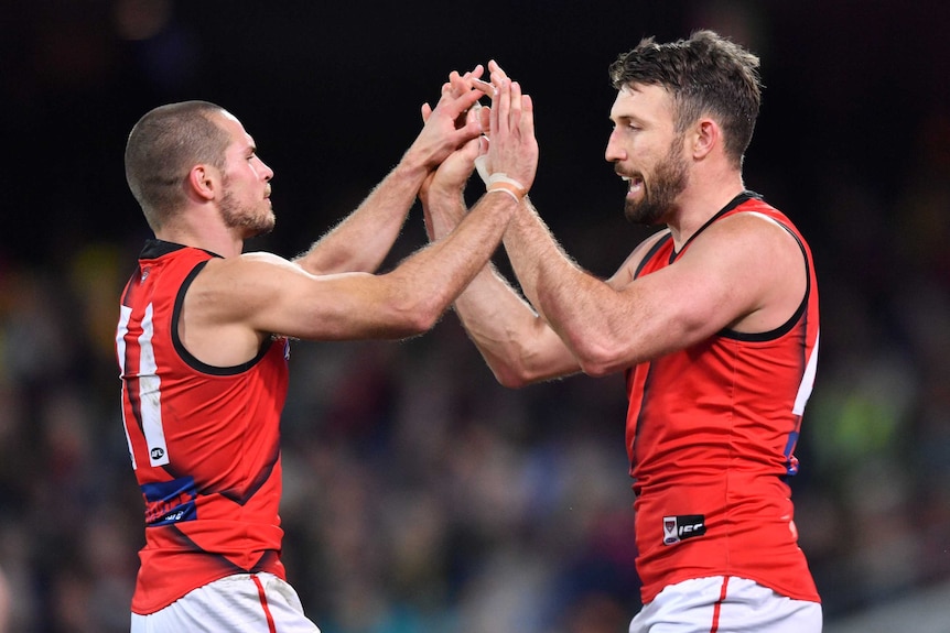Two male AFL players congratulate each other on a goal by giving a high five.