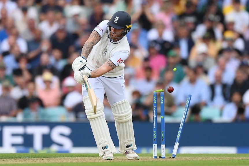 Ben Stokes's off stump is smashed into by the ball as he completes a shot