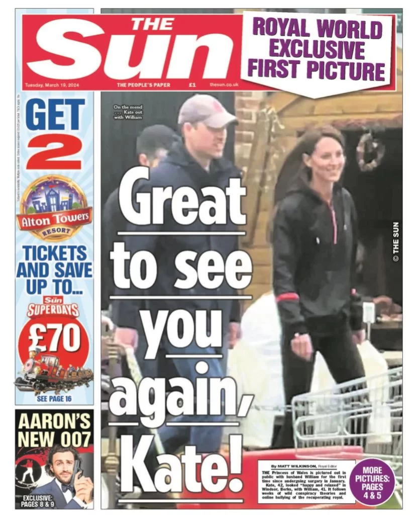 A newspaper with a large image of William and Kate walking and smiling in public with the headline Great to see you, Kate