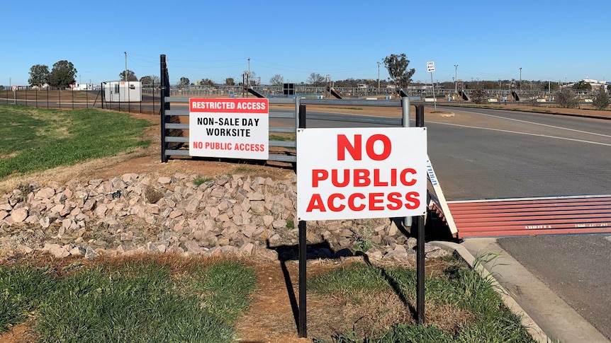 Two signs on a gate that state restricted access and no public access to the saleyards at a Wagga Wagga.
