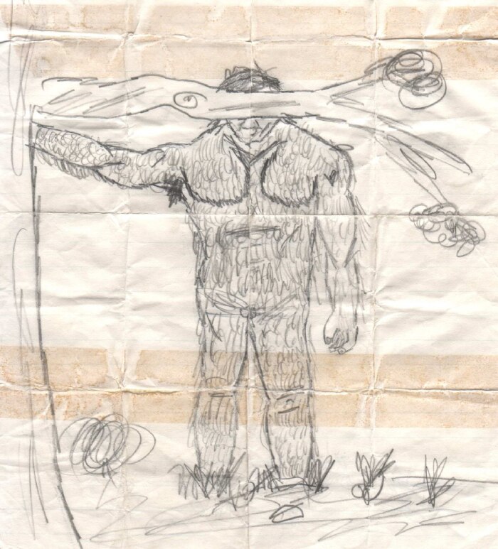 A pencil sketch of an alleged yowie seen in bushland.