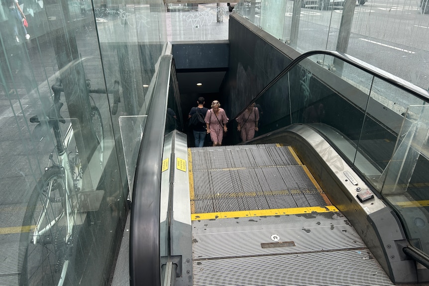 A woman in a pink dress walks up escalators.