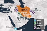 A map of the Middle East is pictured with icons showing where US air, land and naval assets are located. Iran is highlighted.