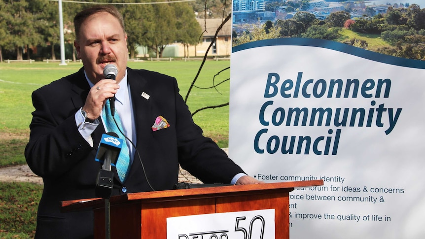 Belconnen Community Council chair Damien Haas speaks at the Belconnen 50th year celebrations