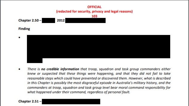 A heavily redacted page from the IGADF report.