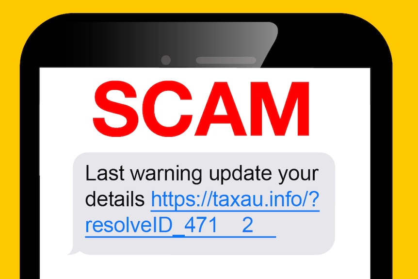 A phone has text on it that reads: "Scam. Last warning update your details."