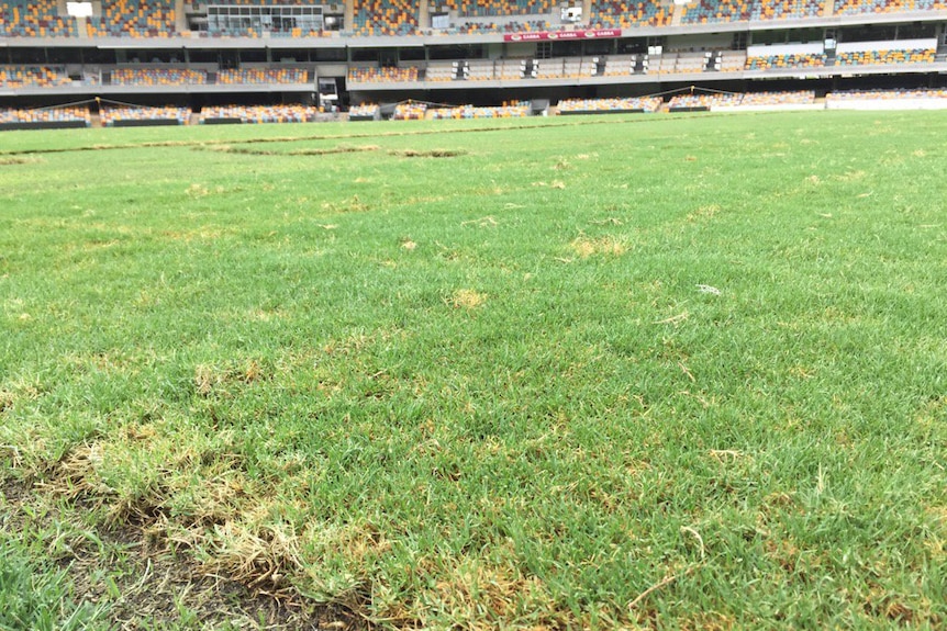 Damage to grass at the centre of the Gabba in March 2017 following two concerts from Adele.