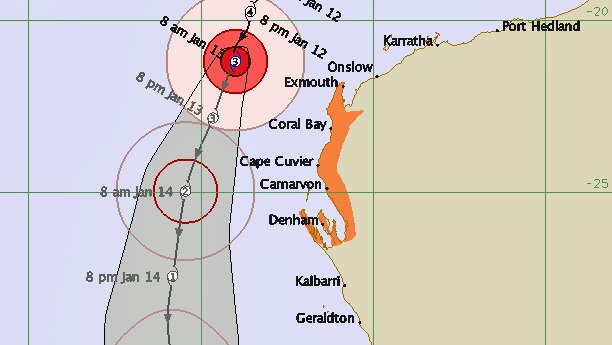 Cyclone Narelle forecast track map Sunday 13/01/13