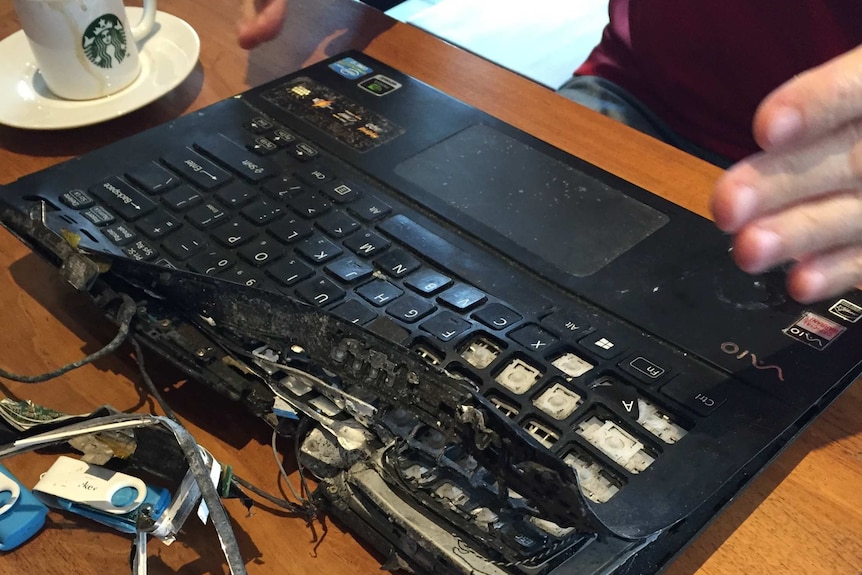 Attack survivor's bomb-destroyed computer.