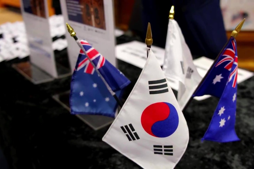 Banderas en miniatura de Corea del Sur y Australia se sientan en una mesa