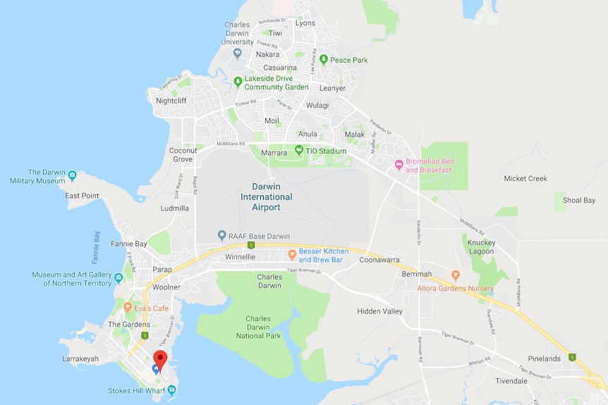 A map of Darwin showing the airport in the centre of the city.